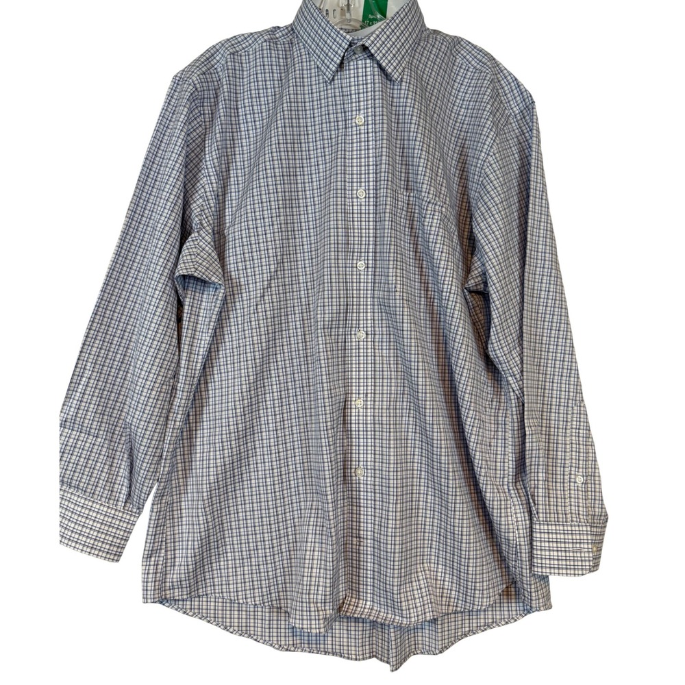 Kirkland Signature Men Blue White Tattersall Pima Cotton Non-Iron Shirt 17 32-33